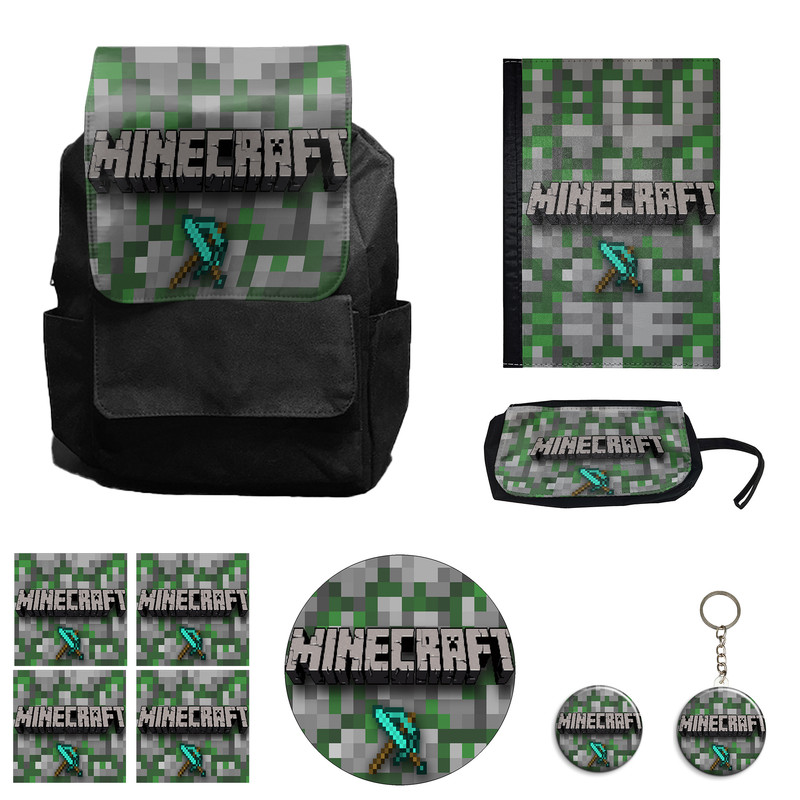 کوله پشتی مدل بازی ماینکرافت کد M4 به همراه کلاسور و جامدادی و زیر لیوانی و جاکلیدی مجموعه 10 عددی