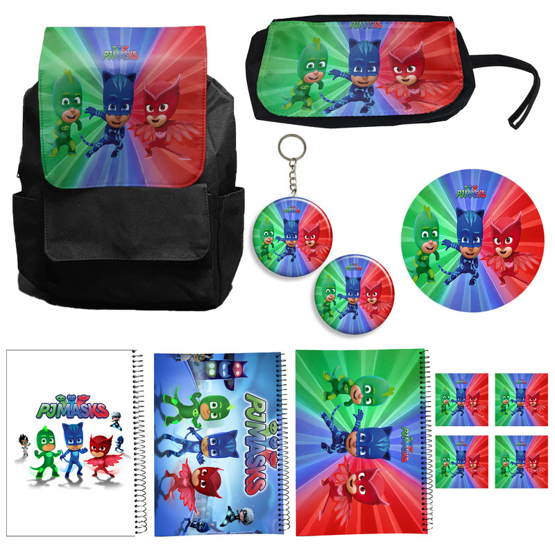 کوله پشتی طرح گروه شب نقاب کد pj masks A1 به همراه دفتر مشق و جامدادی و زیر لیوانی و جاکلیدی مجموعه 12 عددی
