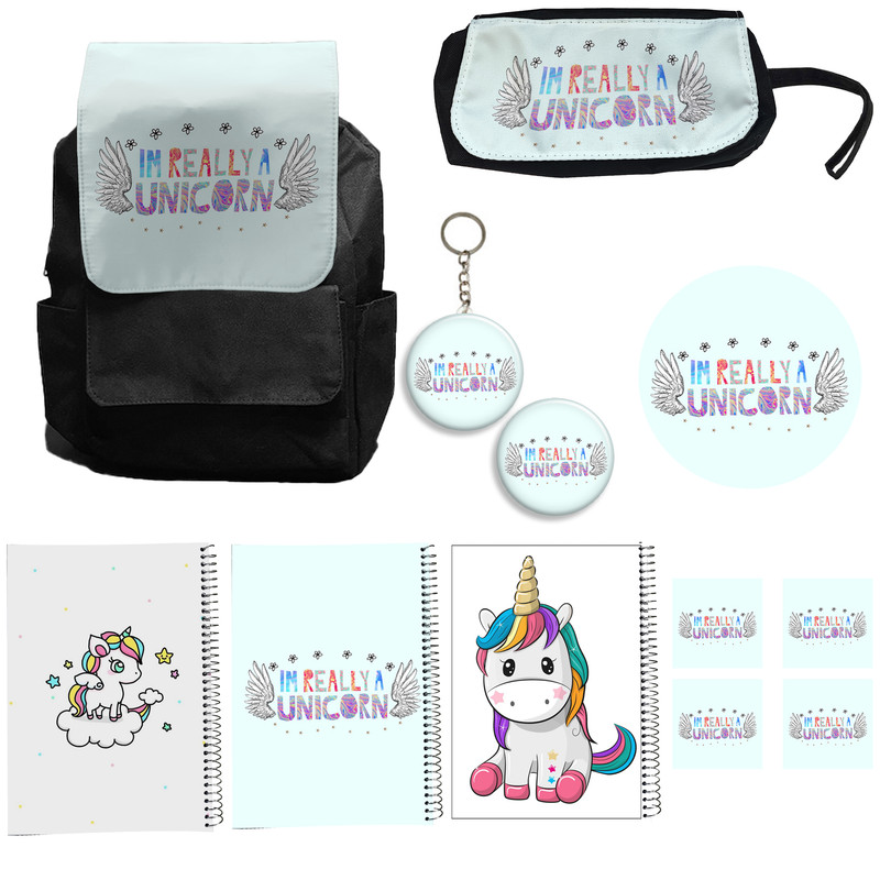 کوله پشتی مدل مدل یونیکورن تک شاخ به همراه دفتر مشق و جامدادی و زیر لیوانی و جاکلیدی کد A14 Unicorn مجموعه 12 عددی