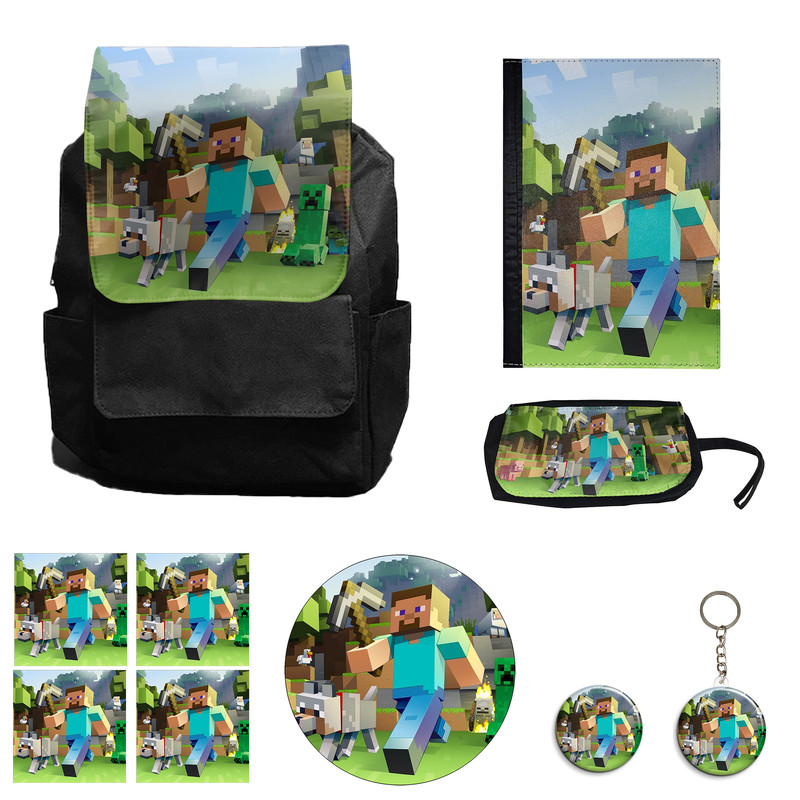 کوله پشتی مدل بازی ماینکرافت کد M18 همراه کلاسور و جامدادی و زیر لیوانی و جاکلیدی مجموعه 10 عددی
