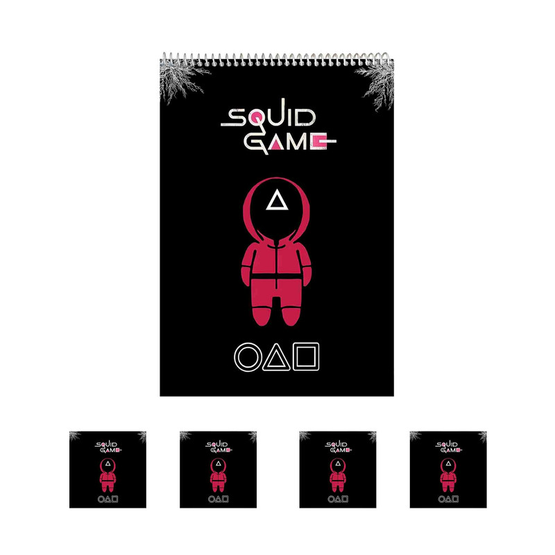 دفتر نقاشی 50 برگ مدل Squid Game کد A4 به همراه برچسب مجموعه 5 عددی