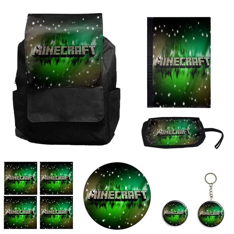 کوله پشتی مدل بازی ماینکرافت کد M17 همراه کلاسور و جامدادی و زیر لیوانی و جاکلیدی مجموعه 10 عددی