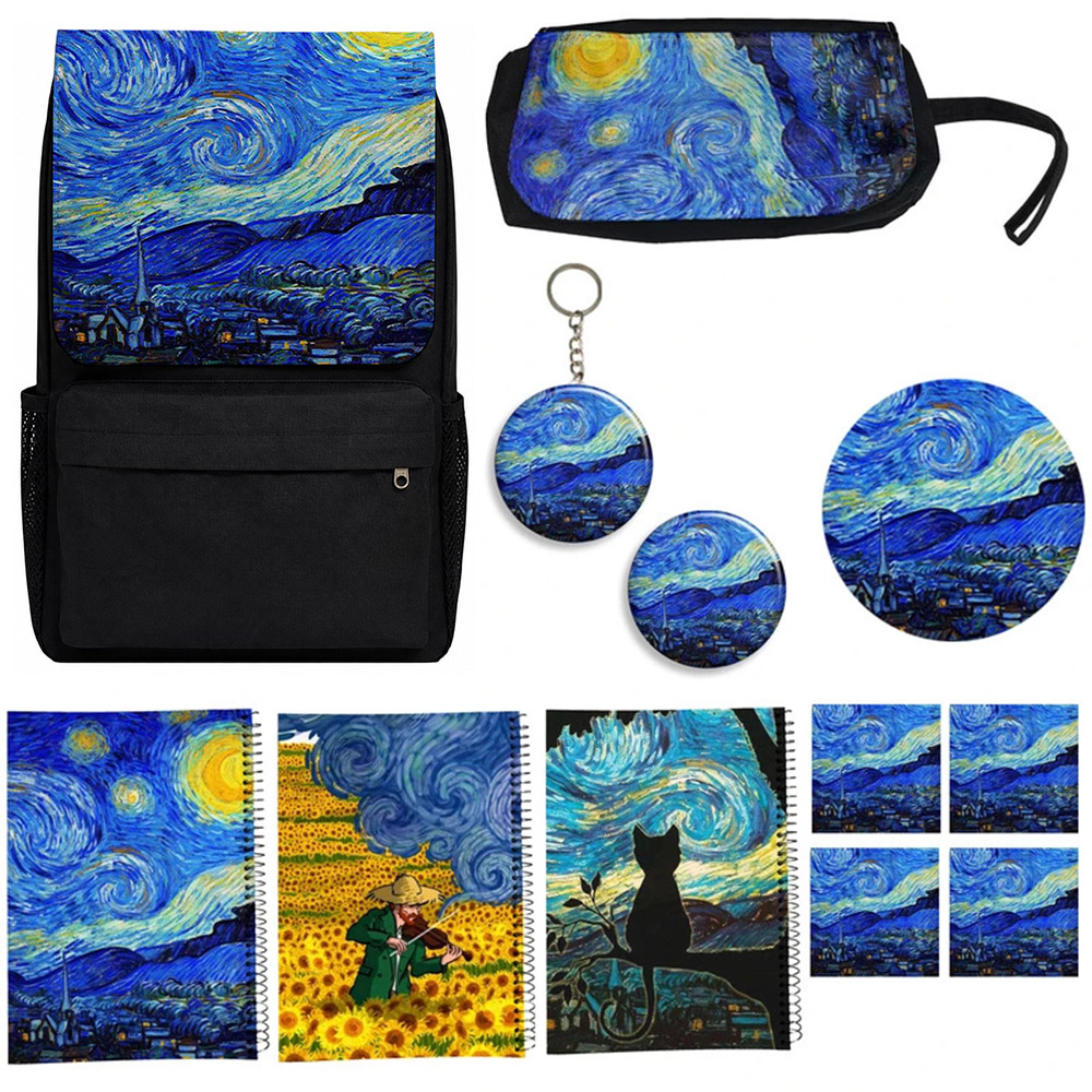 کوله پشتی طرح شب پرستاره ونگوگ مدل The Starry Night کد A1 به همراه دفتر مشق و جامدادی و زیر لیوانی و جاکلیدی مجموعه 12 عددی