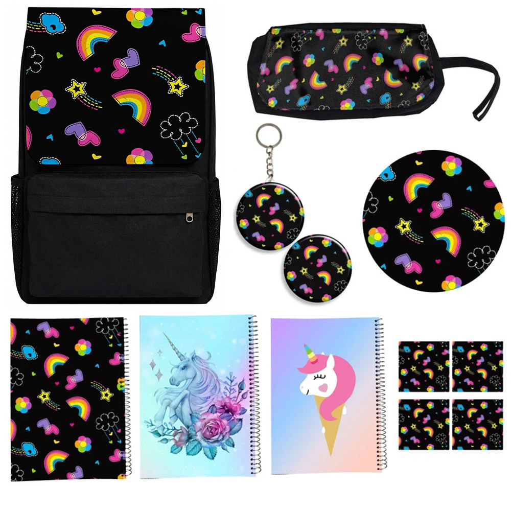 کوله پشتی مدل یونیکورن تک شاخ مدل Unicorn  کد A4 به همراه دفتر مشق و جامدادی و زیر لیوانی و جاکلیدی مجموعه 12 عددی