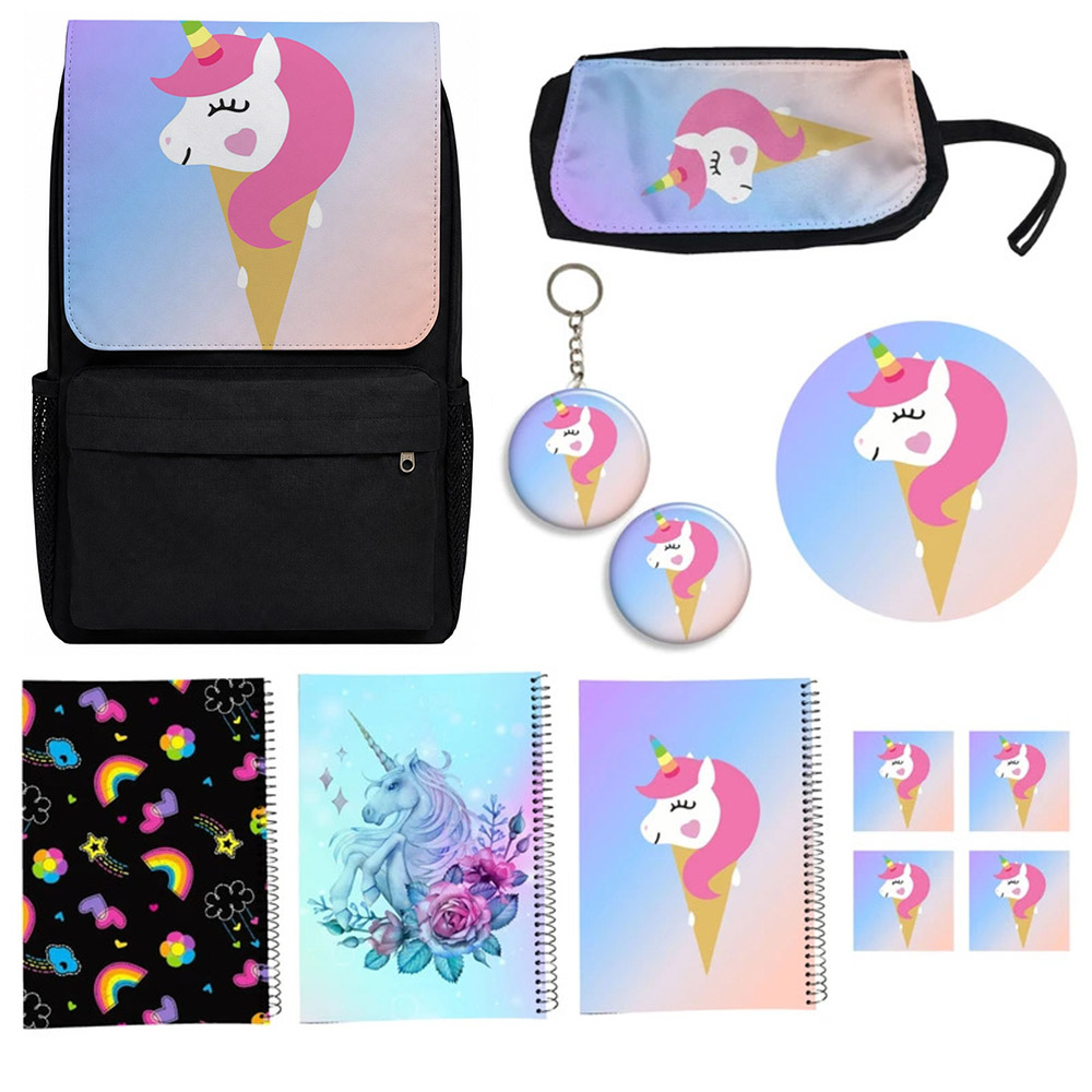 کوله پشتی مدل یونیکورن تک شاخ مدل Unicorn  کد A2 به همراه دفتر مشق و جامدادی و زیر لیوانی و جاکلیدی مجموعه 12 عددی