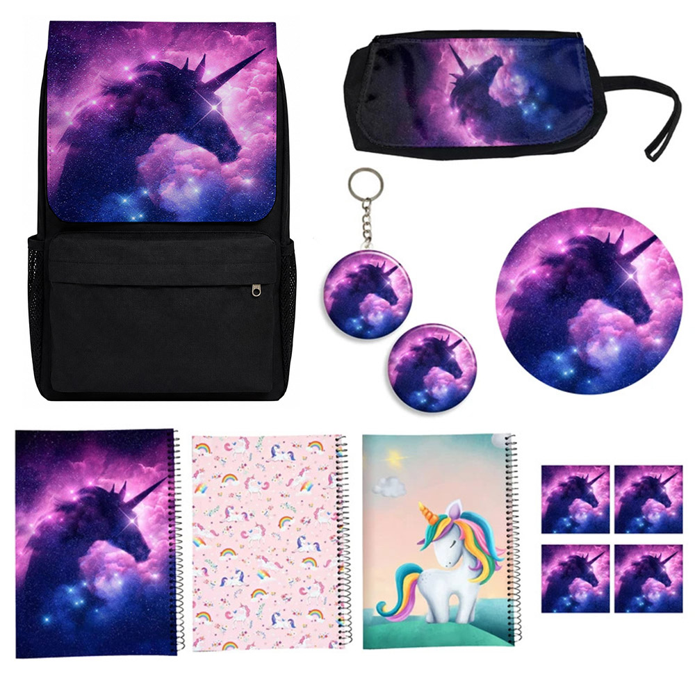 کوله پشتی مدل یونیکورن تک شاخ مدل Unicorn  کد A1 به همراه دفتر مشق و جامدادی و زیر لیوانی و جاکلیدی مجموعه 12 عددی