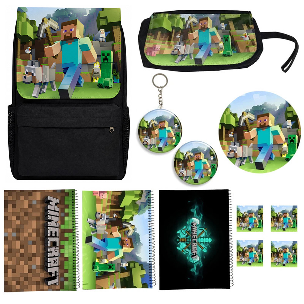 کوله پشتی مدل ماینکرافت طرح Minecraft کد2A1 به همراه دفتر مشق و جامدادی و زیر لیوانی و جاکلیدی مجموعه 12 عددی