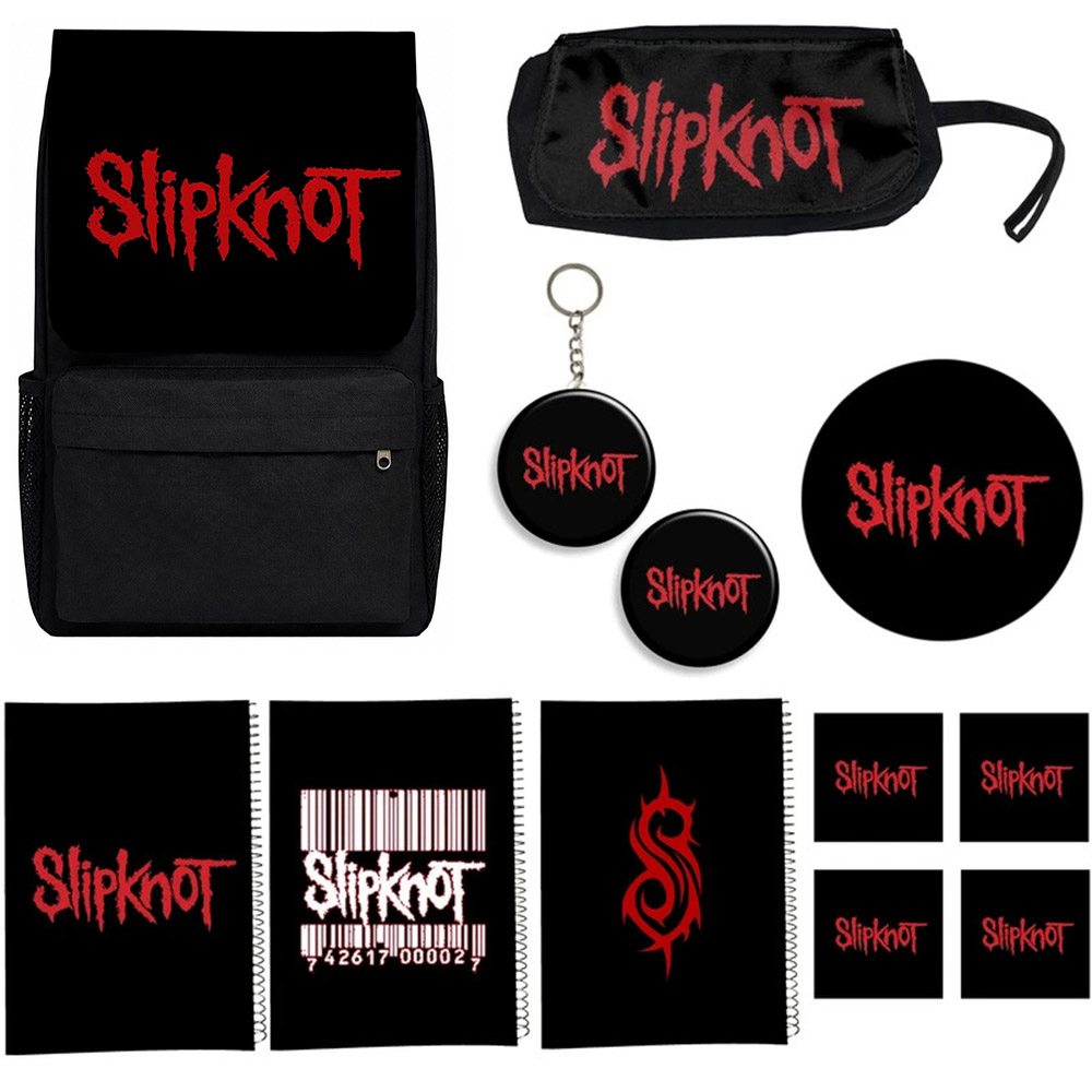کوله پشتی طرح slipknot مدل اِسلیپ‌نات ک A2 به همراه دفتر مشق و جامدادی و زیر لیوانی و جاکلیدی مجموعه 12 عددی