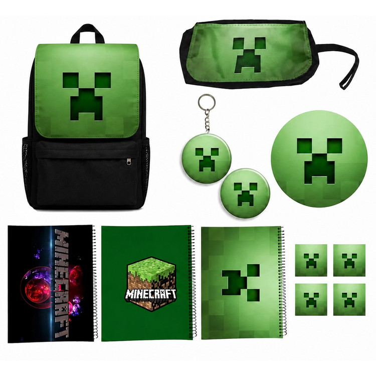 کوله پشتی طرح ماینکرفت کد Minecraft A7 به همراه دفتر مشق و جامدادی و زیر لیوانی و جاکلیدی مجموعه 12 عددی
