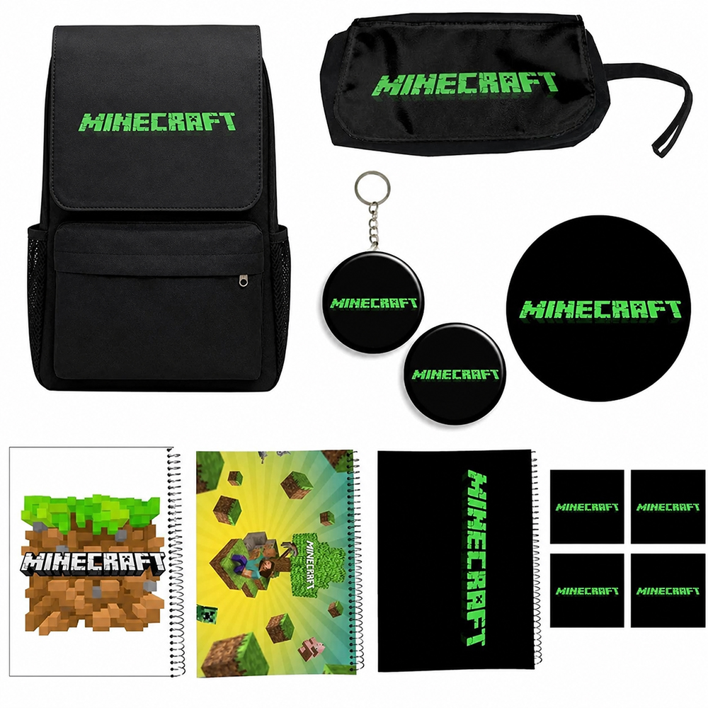کوله پشتی طرح ماینکرفت کد Minecraft A6 به همراه دفتر مشق و جامدادی و زیر لیوانی و جاکلیدی مجموعه 12 عددی