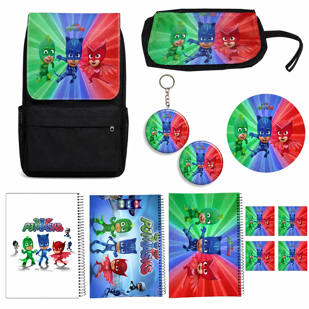 کوله پشتی طرح گروه شب نقاب مدل pj masks کد A1 به همراه دفتر مشق و جامدادی و زیر لیوانی و جاکلیدی مجموعه 12 عددی