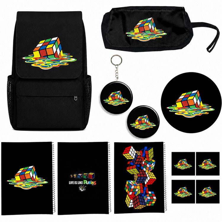کوله پشتی طرح مکعب روبیک مدل Rubik's Cube ک A1 به همراه دفتر مشق و جامدادی و زیر لیوانی و جاکلیدی مجموعه 12 عددی