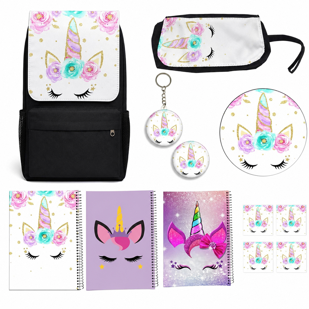 کوله پشتی مدل یونیکورن تک شاخ مدل Unicorn  کد A7 به همراه دفتر مشق و جامدادی و زیر لیوانی و جاکلیدی مجموعه 12 عددی
