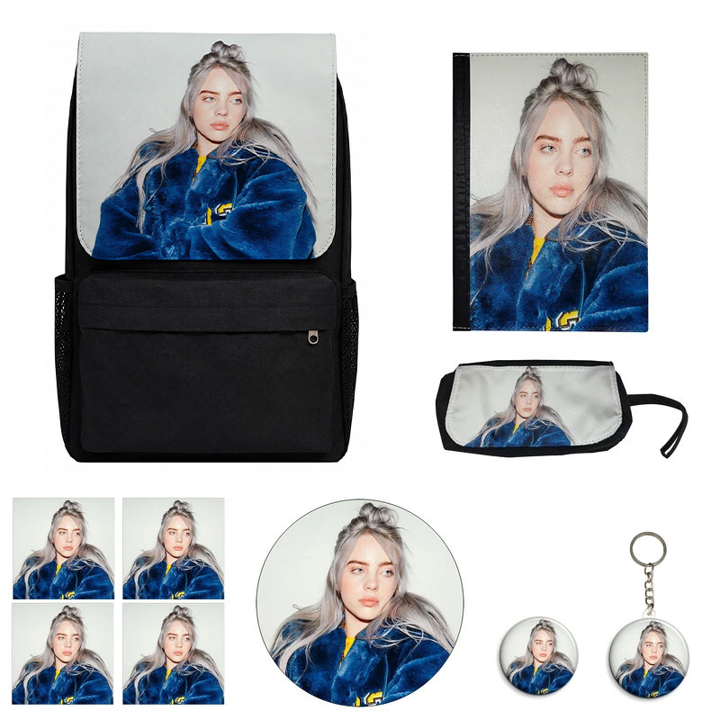کوله پشتی مدل بیلی ایلیش طرح Billie Eilish کد M1 به همراه کلاسور و جامدادی و زیر لیوانی و جاکلیدی مجموعه 10 عددی