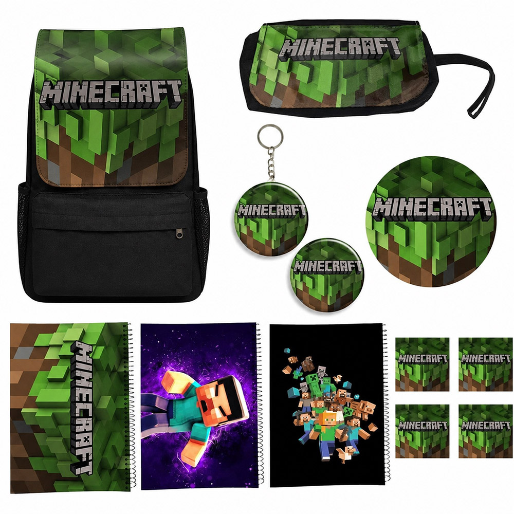 کوله پشتی طرح ماینکرافت کد Minecraft A13 به همراه دفتر مشق و جامدادی و زیر لیوانی و جاکلیدی مجموعه 12 عددی