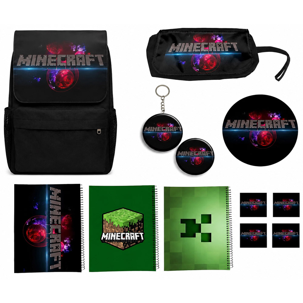 کوله پشتی طرح ماینکرفت مدل Minecraft  کد A5 به همراه دفتر مشق و جامدادی و زیر لیوانی و جاکلیدی مجموعه 12 عددی
