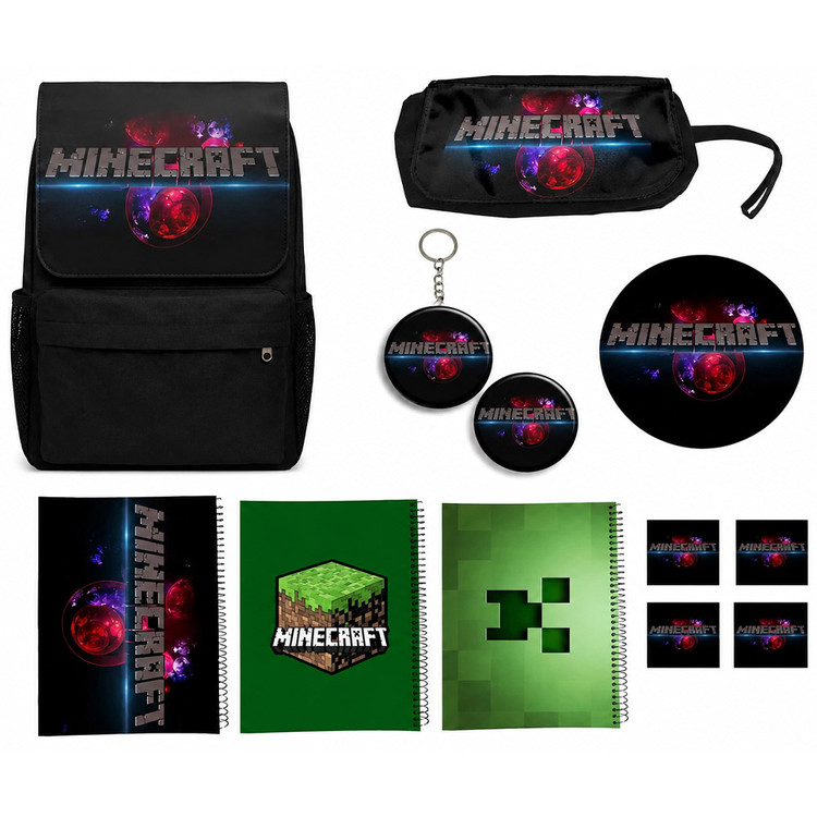کوله پشتی طرح ماینکرفت مدل Minecraft کد A5 به همراه دفتر مشق و جامدادی و زیر لیوانی و جاکلیدی مجموعه 12 عددی