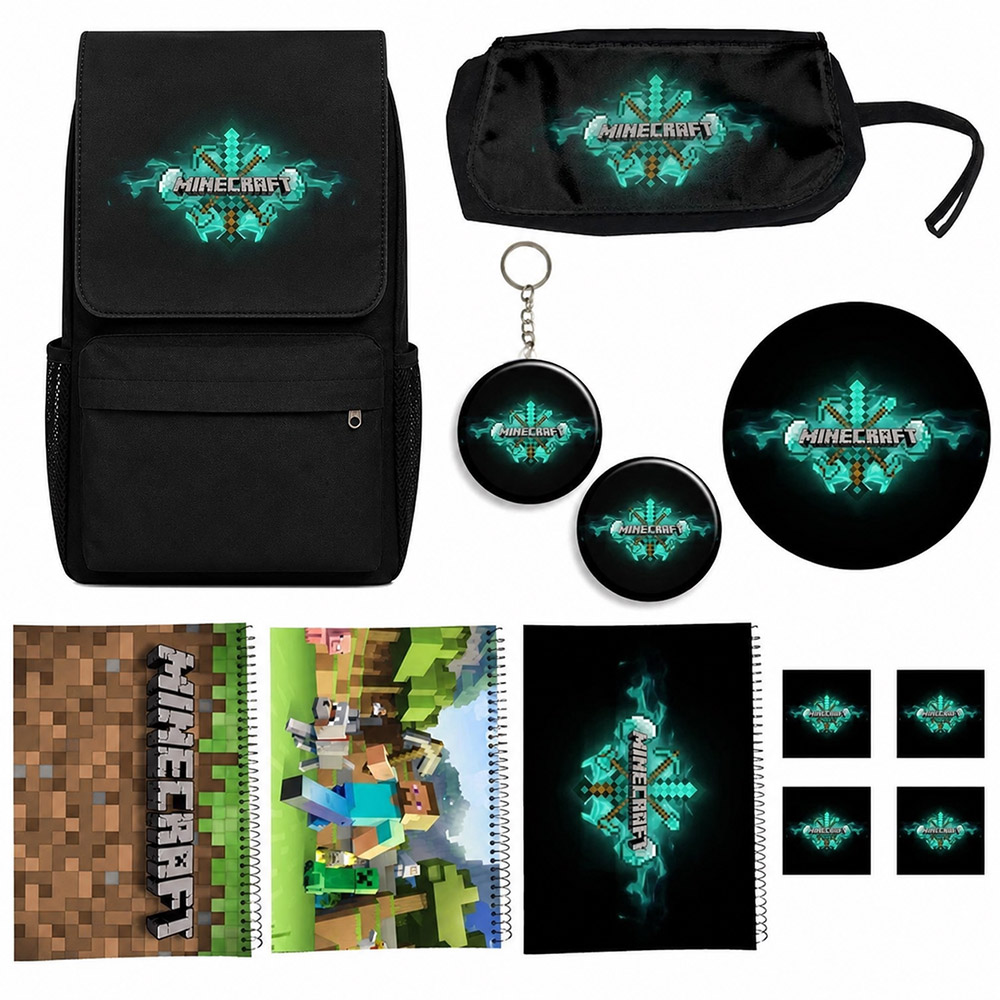 کوله پشتی مدل ماینکرفت طرح Minecraft کد A2 به همراه دفتر مشق و جامدادی و زیر لیوانی و جاکلیدی مجموعه 12 عددی