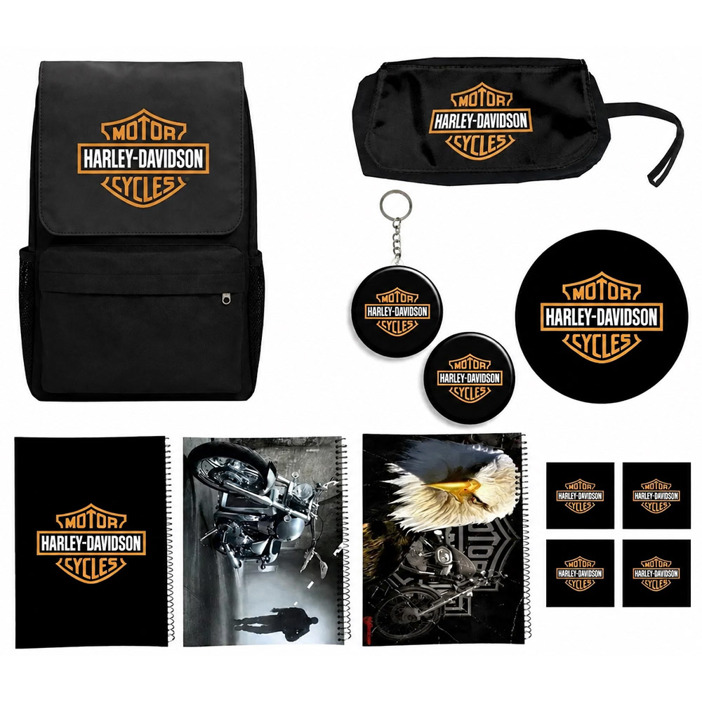 کوله پشتی طرح هارلی دیویدسون مدل Harley-Davidson کد A1 به همراه دفتر مشق و جامدادی و زیر لیوانی و جاکلیدی مجموعه 12 عددی