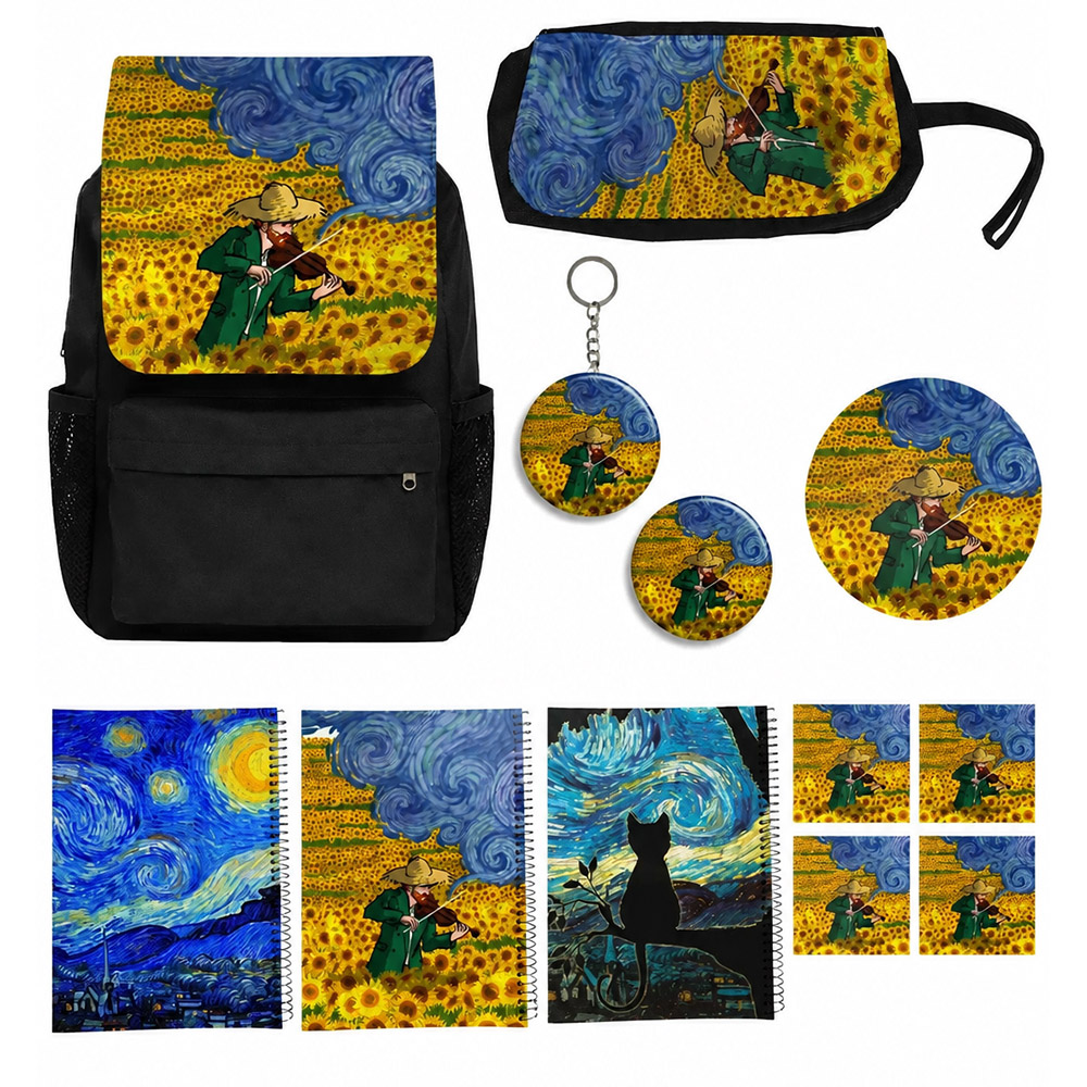 کوله پشتی طرح گل های آفتابگردان ونگوگ مدل Vincent van Gogh کد A1 به همراه دفتر مشق و جامدادی و زیر لیوانی و جاکلیدی مجموعه 12 عددی