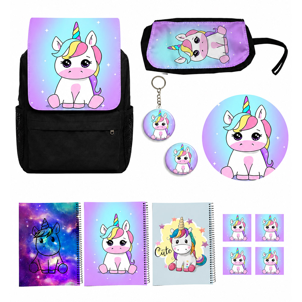 کوله پشتی مدل یونیکورن تک شاخ طرح Unicorn کد X1 به همراه دفتر مشق و جامدادی و زیر لیوانی و جاکلیدی مجموعه 12 عددی
