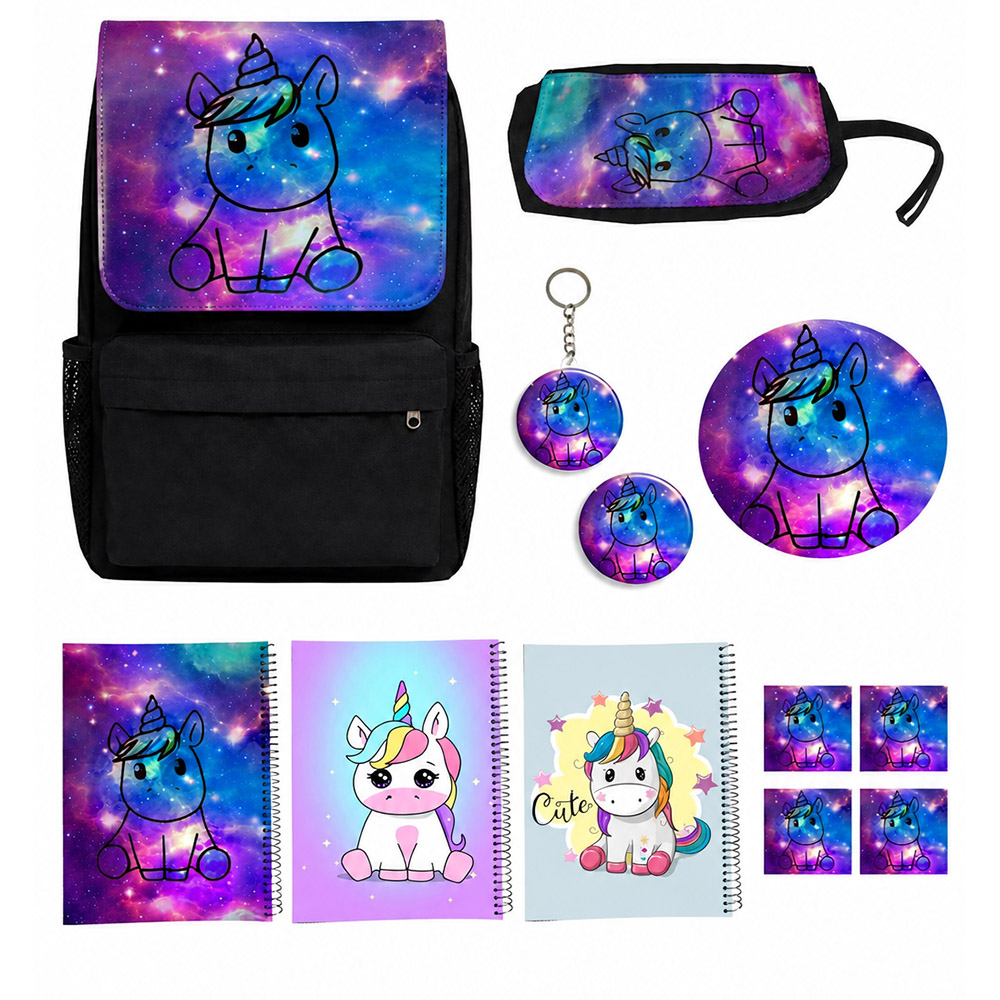 کوله پشتی مدل یونیکورن تک شاخ طرح Unicorn کد X2 به همراه دفتر مشق و جامدادی و زیر لیوانی و جاکلیدی مجموعه 12 عددی