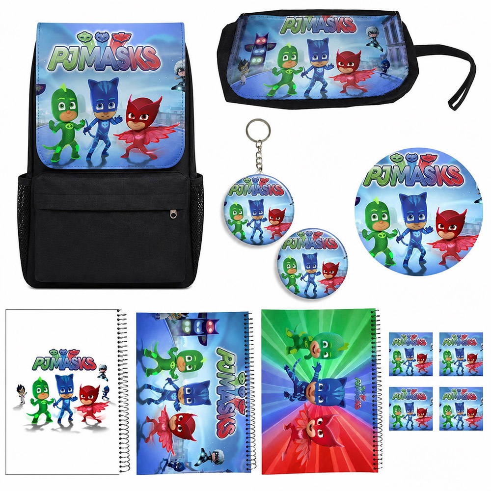 کوله پشتی طرح گروه شب نقاب مدل pj masks کد A5 به همراه دفتر مشق و جامدادی و زیر لیوانی و جاکلیدی مجموعه 12 عددی