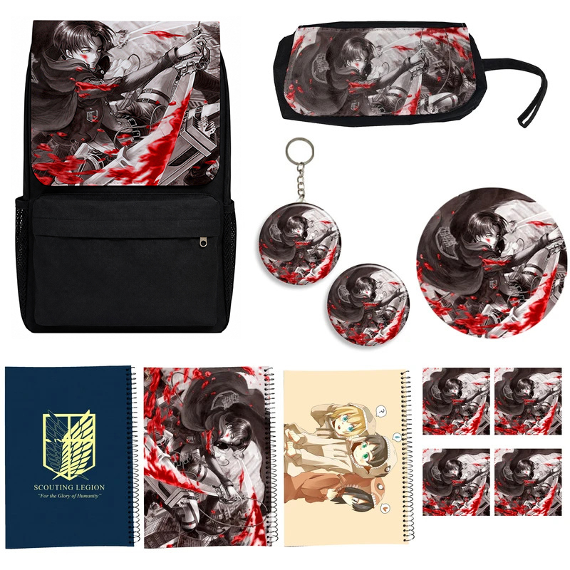 کوله پشتی طرح attack on titan مدل حمله به تایتان کد A3 به همراه دفتر مشق و جامدادی و زیر لیوانی و جاکلیدی مجموعه 12 عددی
