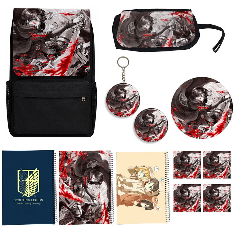 کوله پشتی طرح attack on titan مدل حمله به تایتان کد A3 به همراه دفتر مشق و جامدادی و زیر لیوانی و جاکلیدی مجموعه 12 عددی