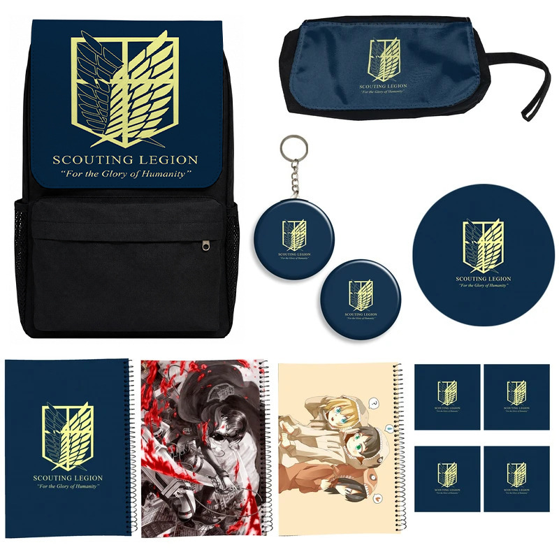 کوله پشتی طرح attack on titan مدل اتک آن تایتان کد A6 به همراه دفتر مشق و جامدادی و زیر لیوانی و جاکلیدی مجموعه 12 عددی