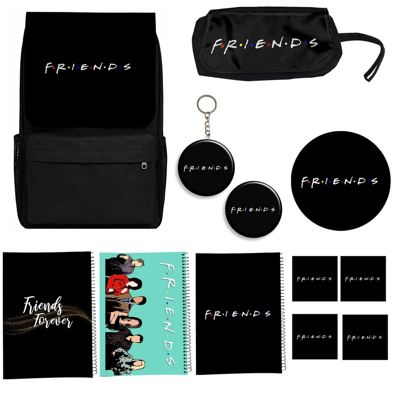 پکوله پشتی طرح friends مدل فرندز کد A1 به همراه دفتر مشق و جامدادی و زیر لیوانی و جاکلیدی مجموعه 12 عددی