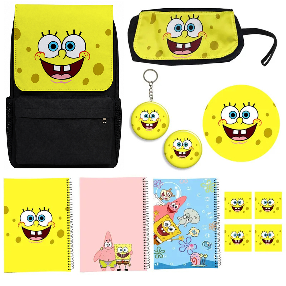 کوله پشتی مدل باب اسفنجی کد spongebob A1 به همراه دفتر مشق و جامدادی و زیر لیوانی و جاکلیدی مجموعه 12 عددی