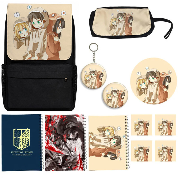 کوله پشتی طرح attack on titan مدل نبرد با تایتان ها کد A2 به همراه دفتر مشق و جامدادی و زیر لیوانی و جاکلیدی مجموعه 12 عددی