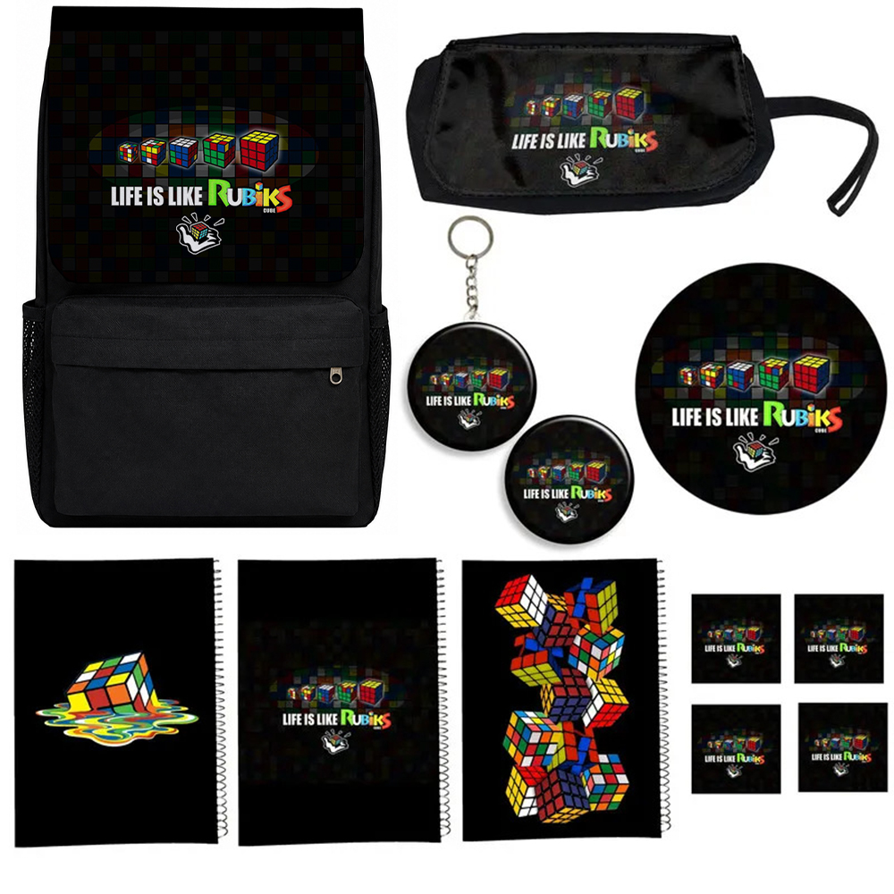 کوله پشتی طرح مکعب روبیک مدل Rubik's Cube کد A6 به همراه دفتر مشق و جامدادی و زیر لیوانی و جاکلیدی مجموعه 12 عددی